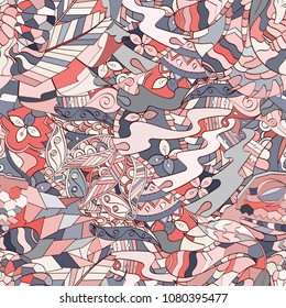 Tracery seamless pattern. Mehndi design. Ethnic colorful doodle texture. Curved doodling background. Vector