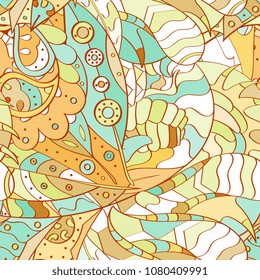 Tracery seamless pattern. Mehndi design. Ethnic colorful doodle texture. Curved doodling background. Vector