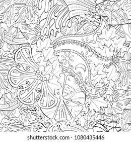 Tracery seamless pattern. Mehndi design. Ethnic monochrome binary doodle texture. Curved doodling black and white background. Vector