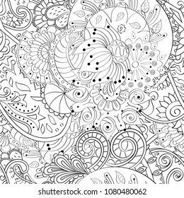 Tracery seamless pattern. Mehndi design. Ethnic monochrome binary doodle texture. Curved doodling black and white background. Vector