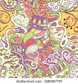 Tracery seamless pattern. Mehndi design. Ethnic colorful doodle texture. Curved doodling background. Vector