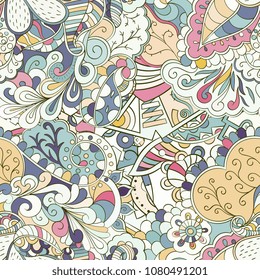 Tracery seamless pattern. Mehndi design. Ethnic colorful doodle texture. Curved doodling background. Vector