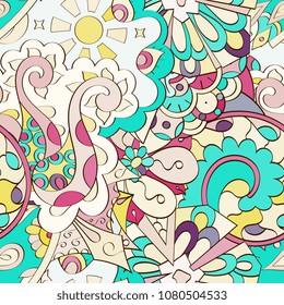 Tracery seamless pattern. Mehndi design. Ethnic colorful doodle texture. Curved doodling background. Vector