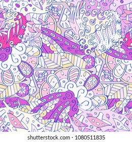 Tracery seamless pattern. Mehndi design. Ethnic colorful doodle texture. Curved doodling background. Vector
