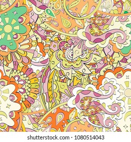 Tracery seamless pattern. Mehndi design. Ethnic colorful doodle texture. Curved doodling background. Vector