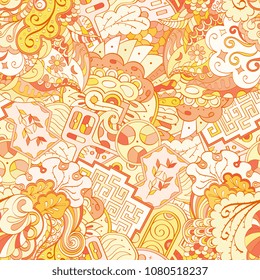 Tracery seamless pattern. Mehndi design. Ethnic colorful doodle texture. Curved doodling background. Vector