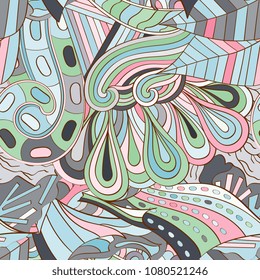 Tracery seamless pattern. Mehndi design. Ethnic colorful doodle texture. Curved doodling background. Vector