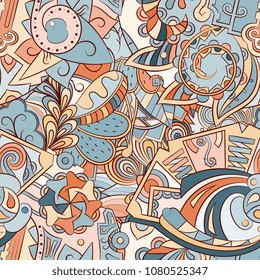 Tracery seamless pattern. Mehndi design. Ethnic colorful doodle texture. Curved doodling background. Vector