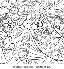 Tracery seamless pattern. Mehndi design. Ethnic monochrome binary doodle texture. Curved doodling black and white background. Vector