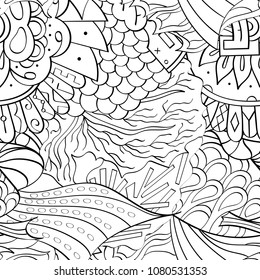 Tracery seamless pattern. Mehndi design. Ethnic monochrome binary doodle texture. Curved doodling black and white background. Vector