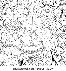 Tracery seamless pattern. Mehndi design. Ethnic monochrome binary doodle texture. Curved doodling black and white background. Vector