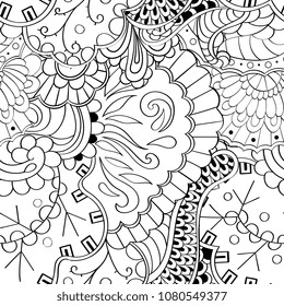 Tracery seamless pattern. Mehndi design. Ethnic monochrome binary doodle texture. Curved doodling black and white background. Vector