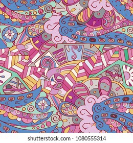 Tracery seamless pattern. Mehndi design. Ethnic colorful doodle texture. Curved doodling background. Vector