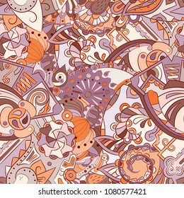 Tracery seamless pattern. Mehndi design. Ethnic colorful doodle texture. Curved doodling background. Vector