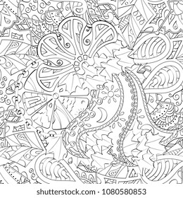 Tracery seamless pattern. Mehndi design. Ethnic monochrome binary doodle texture. Curved doodling black and white background. Vector