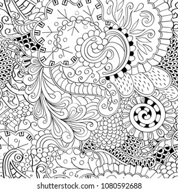 Tracery seamless pattern. Mehndi design. Ethnic monochrome binary doodle texture. Curved doodling black and white background. Vector