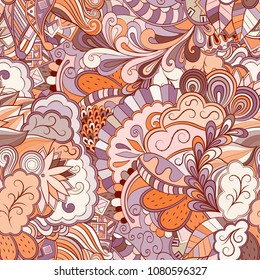 Tracery seamless pattern. Mehndi design. Ethnic colorful doodle texture. Curved doodling background. Vector