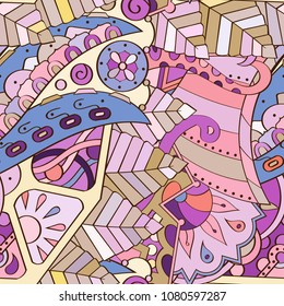 Tracery seamless pattern. Mehndi design. Ethnic colorful doodle texture. Curved doodling background. Vector