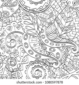 Tracery seamless pattern. Mehndi design. Ethnic monochrome binary doodle texture. Curved doodling black and white background. Vector