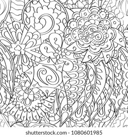 Tracery seamless pattern. Mehndi design. Ethnic monochrome binary doodle texture. Curved doodling black and white background. Vector