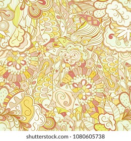 Tracery seamless pattern. Mehndi design. Ethnic colorful doodle texture. Curved doodling background. Vector