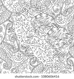 Tracery seamless pattern. Mehndi design. Ethnic monochrome binary doodle texture. Curved doodling black and white background. Vector