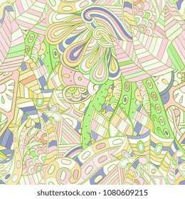 Tracery seamless pattern. Mehndi design. Ethnic colorful doodle texture. Curved doodling background. Vector