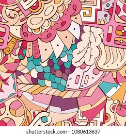 Tracery seamless pattern. Mehndi design. Ethnic colorful doodle texture. Curved doodling background. Vector