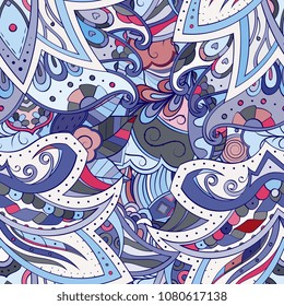 Tracery seamless pattern. Mehndi design. Ethnic colorful doodle texture. Curved doodling background. Vector