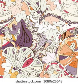 Tracery seamless pattern. Mehndi design. Ethnic colorful doodle texture. Curved doodling background. Vector