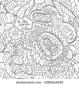 Tracery seamless pattern. Mehndi design. Ethnic monochrome binary doodle texture. Curved doodling black and white background. Vector
