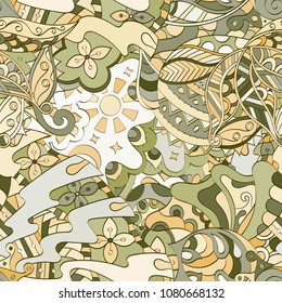 Tracery seamless pattern. Mehndi design. Ethnic colorful doodle texture. Curved doodling background. Vector