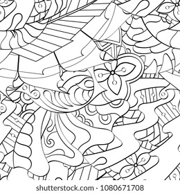 Tracery seamless pattern. Mehndi design. Ethnic monochrome binary doodle texture. Curved doodling black and white background. Vector