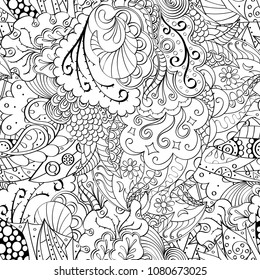 Tracery seamless pattern. Mehndi design. Ethnic monochrome binary doodle texture. Curved doodling black and white background. Vector