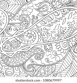 Tracery seamless pattern. Mehndi design. Ethnic monochrome binary doodle texture. Curved doodling black and white background. Vector