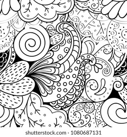 Tracery seamless pattern. Mehndi design. Ethnic monochrome binary doodle texture. Curved doodling black and white background. Vector