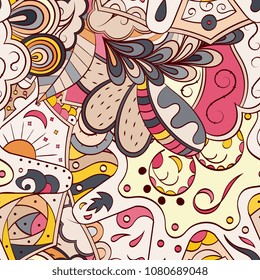 Tracery seamless pattern. Mehndi design. Ethnic colorful doodle texture. Curved doodling background. Vector