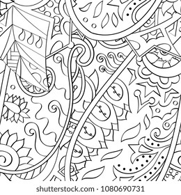 Tracery seamless pattern. Mehndi design. Ethnic monochrome binary doodle texture. Curved doodling black and white background. Vector