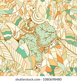 Tracery seamless pattern. Mehndi design. Ethnic colorful doodle texture. Curved doodling background. Vector