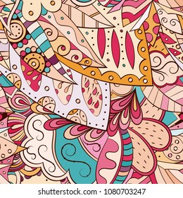 Tracery seamless pattern. Mehndi design. Ethnic colorful doodle texture. Curved doodling background. Vector