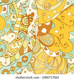 Tracery seamless pattern. Mehndi design. Ethnic colorful doodle texture. Curved doodling background. Vector