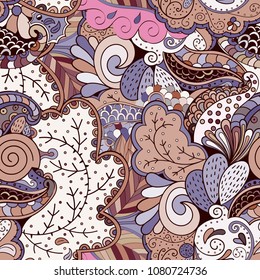 Tracery seamless pattern. Mehndi design. Ethnic colorful doodle texture. Curved doodling background. Vector