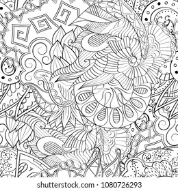 Tracery seamless pattern. Mehndi design. Ethnic monochrome binary doodle texture. Curved doodling black and white background. Vector
