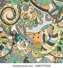 Tracery seamless pattern. Mehndi design. Ethnic colorful doodle texture. Curved doodling background. Vector