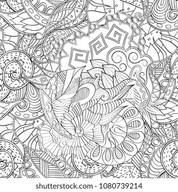 Tracery seamless pattern. Mehndi design. Ethnic monochrome binary doodle texture. Curved doodling black and white background. Vector