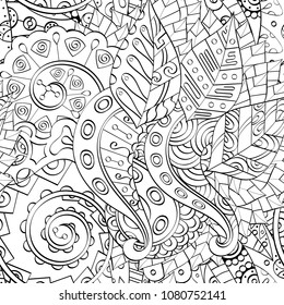 Tracery seamless pattern. Mehndi design. Ethnic monochrome binary doodle texture. Curved doodling black and white background. Vector