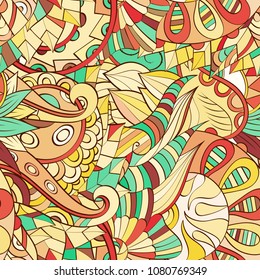 Tracery seamless pattern. Mehndi design. Ethnic colorful doodle texture. Curved doodling background. Vector