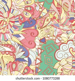 Tracery seamless pattern. Mehndi design. Ethnic colorful doodle texture. Curved doodling background. Vector
