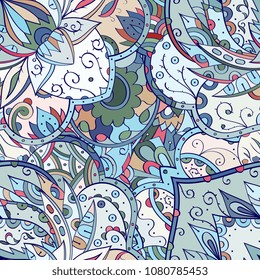 Tracery seamless pattern. Mehndi design. Ethnic colorful doodle texture. Curved doodling background. Vector