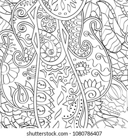 Tracery seamless pattern. Mehndi design. Ethnic monochrome binary doodle texture. Curved doodling black and white background. Vector